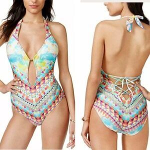 Bar III Halter Maillot Skylar Halter One Piece Swimsuit Multi Color Size Medium